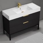 Nameeks DERIN349 48 Inch Bathroom Vanity With Sink - Modern, Matte Black, Free Standing, Gold Handles